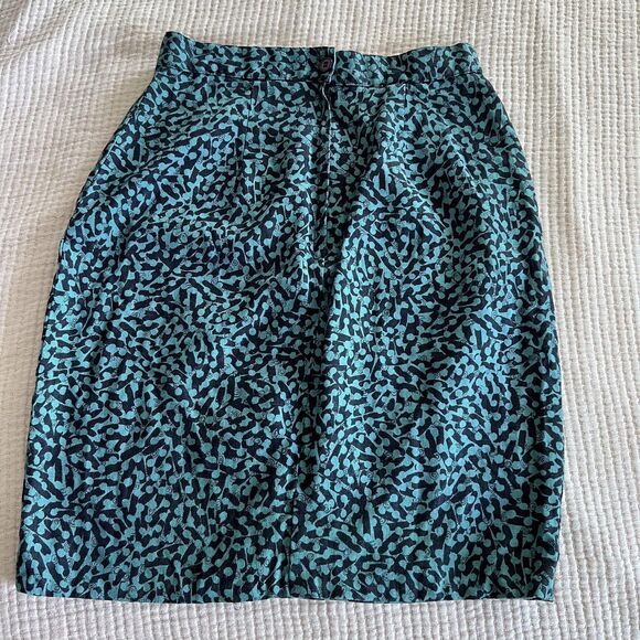 Vintage Kenar Linen Skirt Womens Small Teal Black Abstract Pencil High Waist 90s - Picture 2 of 10